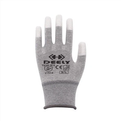 Polyester Karbon Fiber Beyaz PU Parmak Uçları Kaplamalı Eldivenler